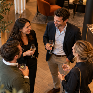 Échanges chaleureux dans un lounge élégant